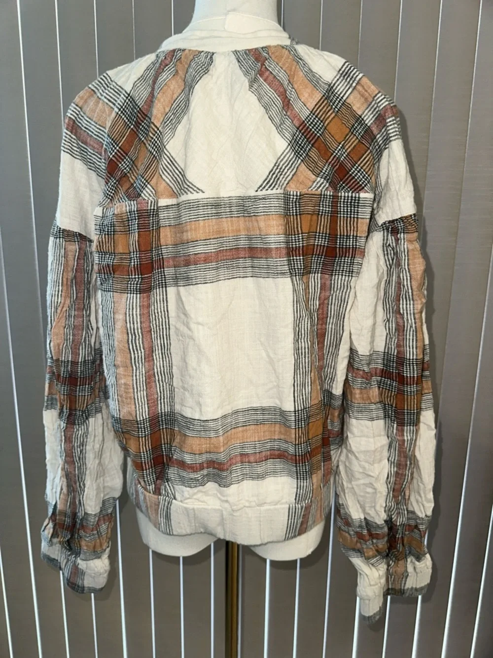 Free People Plaid Zip-Up Lightweight cotton Jacket in Cream, Brown, Black